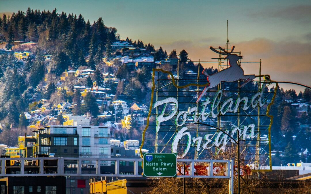 a city with a mountain in the background